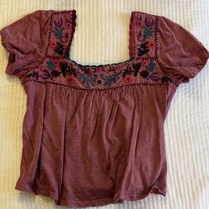 Lucky Brand Mauve-Pink Embroidered Square-Neck Top